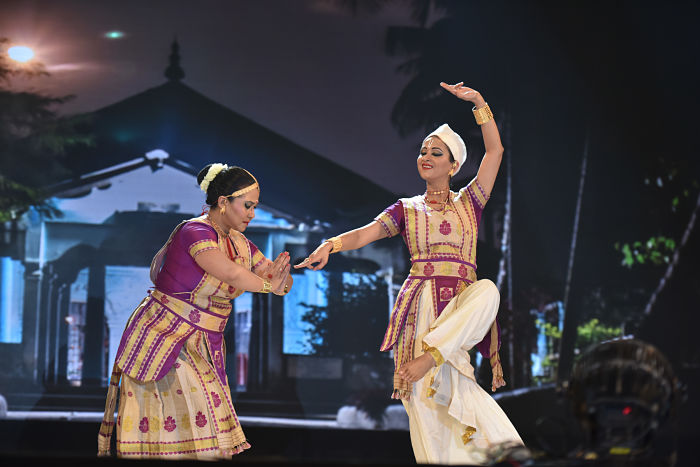 At the Kalaghoda dance festival, Mumbai. Prerona striking a pose of lifting Mount Goverdhan while Madhusmita plays Gopi and pays her obeisance